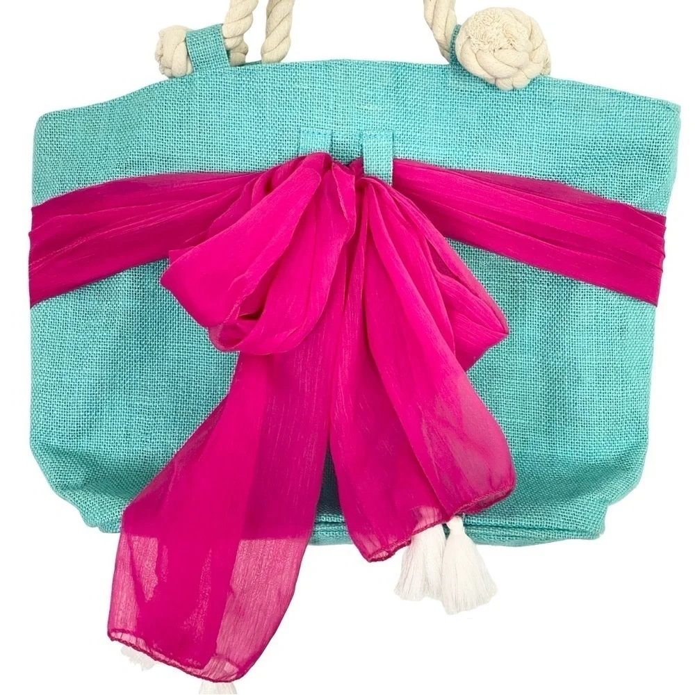 Mud Pie Jute Beach Bag Removable Sarong Turquoise Pink Zip Close 18” x 13” New